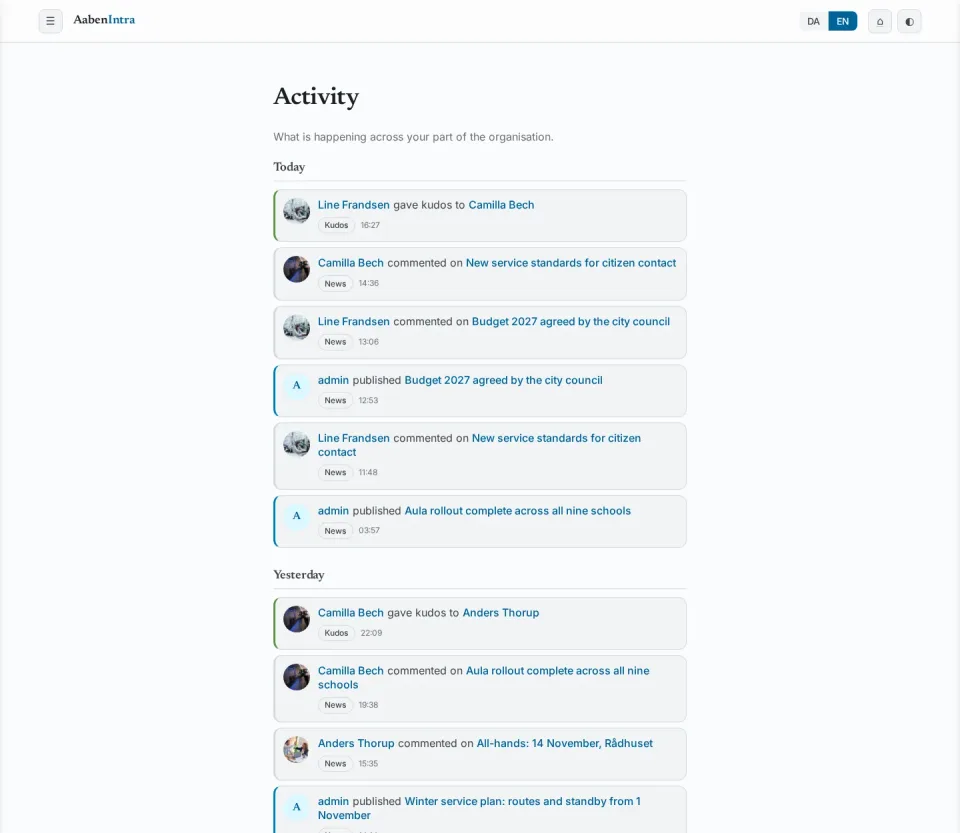 Activity stream listing publications, comments and recognitions in chronological order.