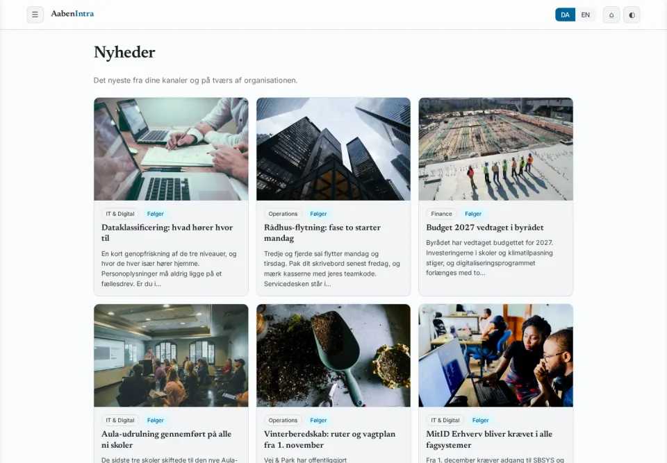 News listing in Danish covering budget, Aula rollout, winter service and MitID Erhverv.