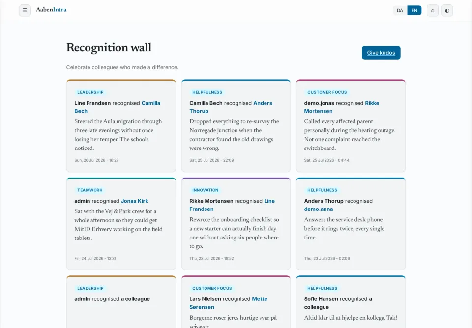 Recognition wall showing who recognised whom, with badges such as Teamwork, Innovation and Leadership.